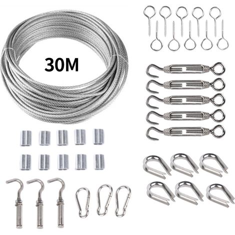 Corde en Acier Inoxydable à Suspendre Kit,30M/2mm Câble en Acier Inoxydable Revêtu avec M5 Tendeurs,Kit Cable Métallique 2mm pour Plantes Grimpante,Corde a linge,Rambarde,Cable de Garde Corps