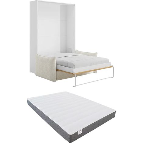 Letto a scomparsa 140 x 200 cm - Apertura verticale manuale - Naturale e bianco + Materasso + Divano - BEGANIO (1/5)