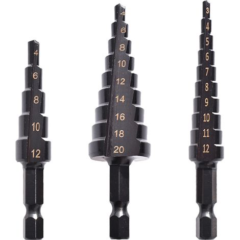 Juego de 3 brocas escalonadas de cobalto HSS, con recubrimiento de nitruro negro, para perforar paneles delgados de hierro, acero, PVC y madera. (1/5)