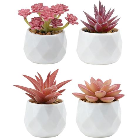 Lot de 4 plantes succulentes artificielles roses dans un pot en céramique - Mini décoration prête à l'emploi pour salon, bureau et balcon (1/5)
