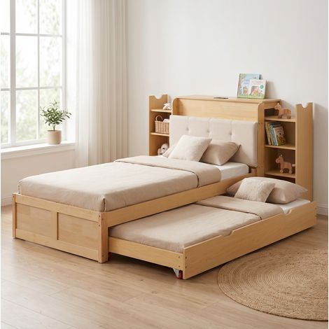 Cama nido 90/180×200 cm en madera natural con cabecero acolchado y estantería (1/5)