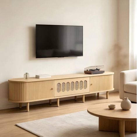 Mueble para TV de 180x40x40 cm para TV de 75 pulgadas, 5 almacenamientos cerrados, puertas correderas, MDF natural (1/5)
