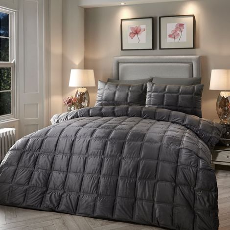 Housse de Couette Velours Gris Ardoise - 200 x 200 cm - 2 Taies d'oreiller - Parure de Couette surpiquée Gris - Parure de Lit Velours - Parure de Couette Carrée - Literie Grise (1/4)