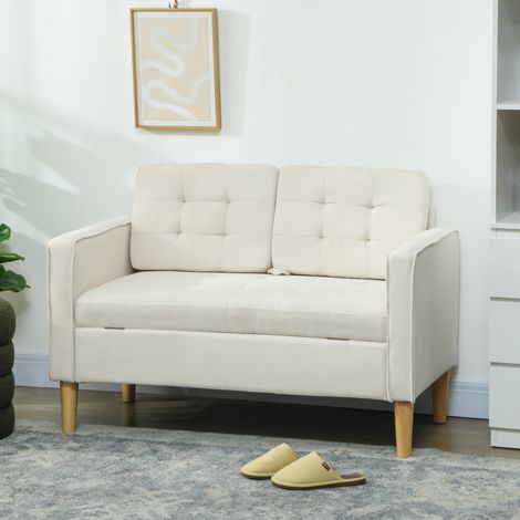 Zweisitzer-Sofa mit Stauraum, Knopfheftung, Kissen, Kautschukbaumholz, 117x62x78cm, Cremeweiß