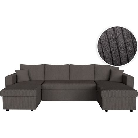 Loungitude – Canapé d'angle panoramique convertible 6 places avec 2 coffres – Velours côtelé gris foncé – Système de couchage tiroir lit (1/5)