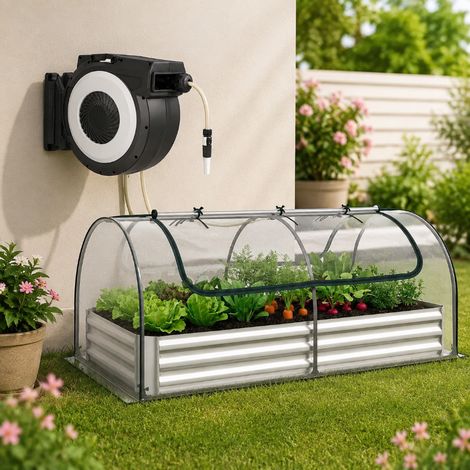 Kit d'arrosage de jardin rétractable (2 pièces) – Enrouleur de tuyau de 30 m et plate-bande surélevée avec couverture de serre en PVC (1/5)