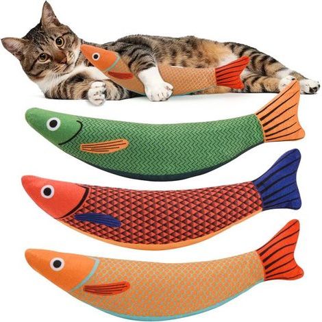 Fischförmiges Katzenspielzeug – 236 x 66 cm – Orange, Rot, Grün – Katzenkissen – Interaktives Spielzeug (1/5)