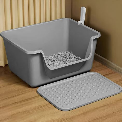 Grey Splash-proof Semi-enclosed Open Cat Litter Box 50cm W x 37cm D x 20.5cm H (1/5)