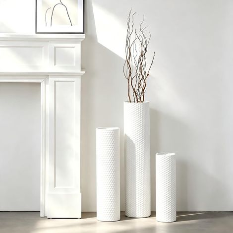 Lot de 3 vases cylindriques hauts en métal blanc, structure moderne en nid d'abeille, grands vases sur pied, pour le salon (hauteur jusqu'à 70 cm, décoration de la pièce) (1/5)