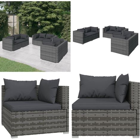 Set Divani da Giardino 6 pz con Cuscini in Polyrattan Grigio - Divano angolare - Rattan