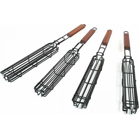 Lot de 4 paniers de barbecue avec grille verrouillable à long manche en bois - Antiadhésifs - En acier inoxydable - Pour barbecue,poissons,légumes,saucisses,oignons (1/5)