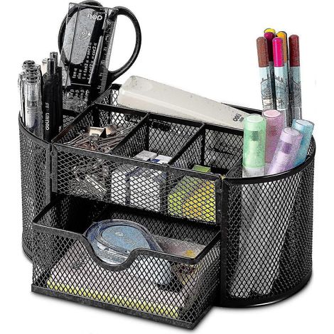 Schreibtisch-Organizer aus Metallgewebe mit Schublade, Stiftehalter, 8 Fächer, Schwarz (1/5)
