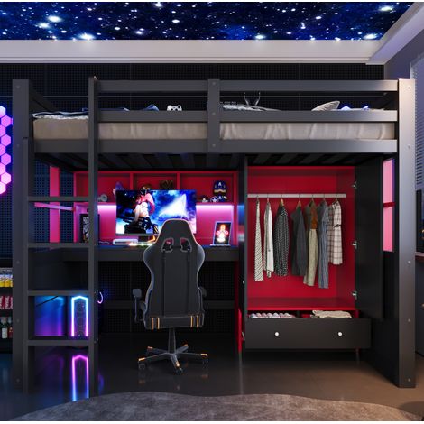 DESVIAE Lit mezzanine 90 x 200 cm avec bureau rangement armoire tiroirs échelle LED prises bois noir rouge (1/5)