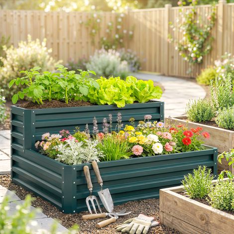 Carré potager de jardin fond ouvert 2 étages pour herbes légumes fruits fleurs 120 x 101 x 58 cm vert