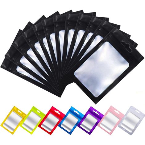 50 Sachet Zip, Aluminium, Mylar, Fenêtre Transparente, Trou Suspension, 10x18 cm, Noir, Aliment, Stockage