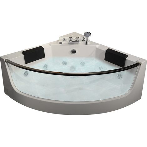 Vente-Unique – Baignoire balnéo d'angle vitrée 2 places 330 L – Dimensions 138 x 138 x 59 cm – 6 hydrojets – Robinetterie incluse (1/4)