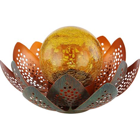 Globo – Lampe solaire décorative en forme de fleur – Boule de verre craquelé ambre – Autonomie 6-8h – IP44 – 22cm de hauteur – Éclairage LED blanc froid