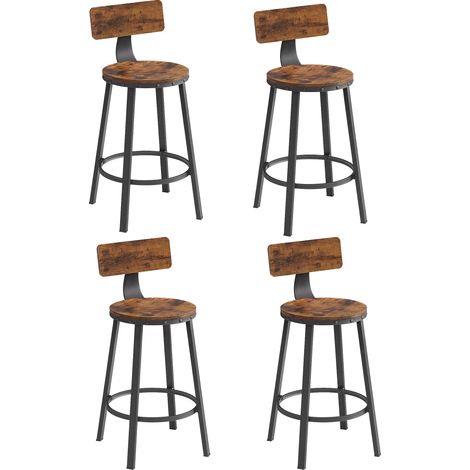 Lot de 4 Tabouret Bar Industriel, avec Dossier, pour Cuisine, Cadre en Acier, Hauteur 63 cm, Marron et Noir (1/5)
