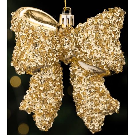 3D-Weihnachtsornament in Form einer Schleife mit Pailletten – Gold (galvanisierte Innenseite – glänzende Oberfläche – geeignet für Weihnachtsbäume und Schaufenster) (1/4)