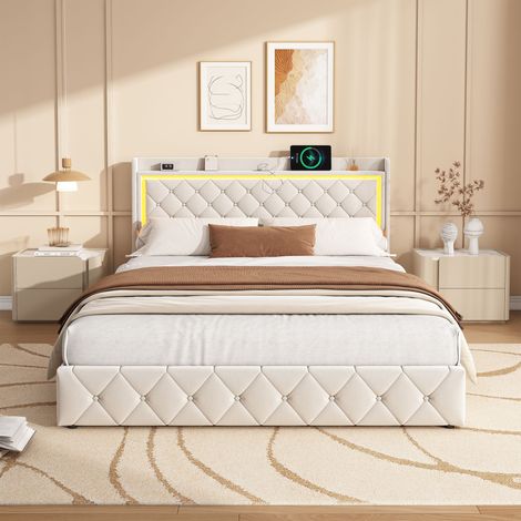 BLANKETSWARM - Lit adulte 140 x 190 cm avec 4 tiroirs – Lit capitonné 140 x 190 avec ports USB et éclairage LED – Sommier à lattes en bois – Beige (1/5)