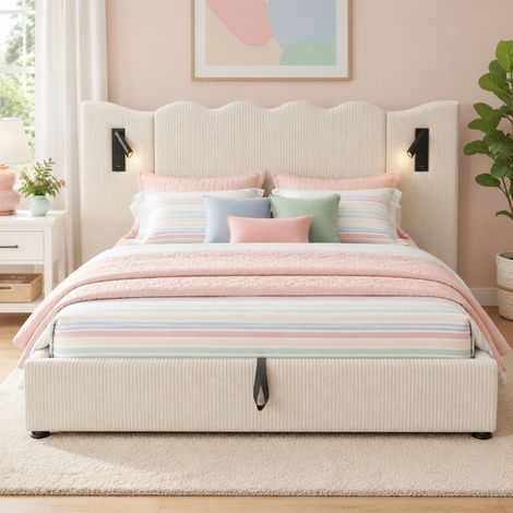 Cama con canapé 180x200 con lámpara, USB Type-C, tejido beige y blanco DESVIAE (1/5)