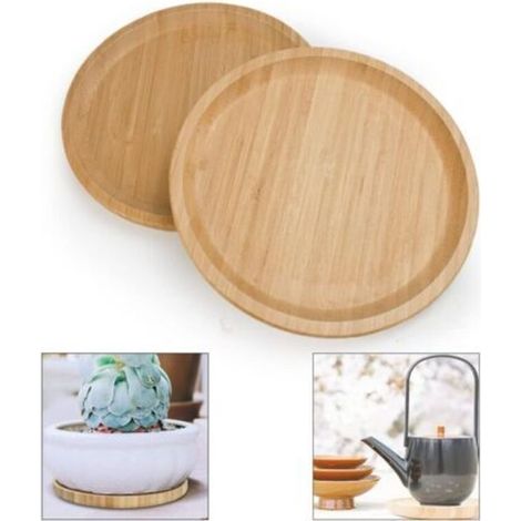 2 Pièce Soucoupes en Bambou 20cm Plateau en Bambou Rond Soucoupe Bambou Plante Plateau de Service Rond Soucoupe Pot de Fleur Bois pour Tasses, Services à Thé, Vase, Collations-Crezuo