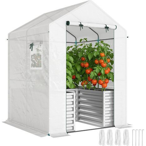 Tomatengewächshaus mit Hochbeet, Schiebetür und Fenster, Schrägdach, 141 x 141 x 190 cm, weiß – Gartenhaus für Gemüse