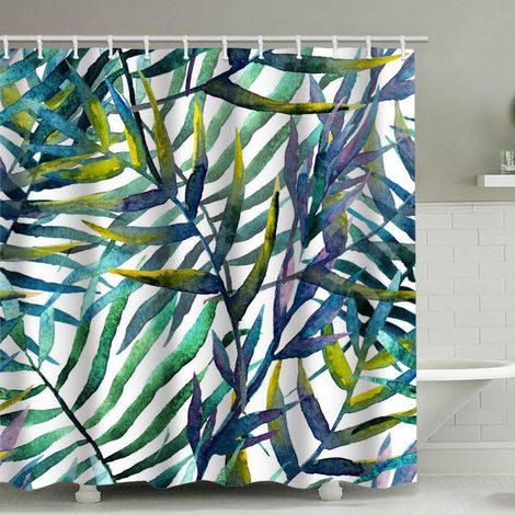 Duschvorhang mit tropischem Blättermuster, 180 x 180 cm, wasserdicht bedruckt, inklusive 12 Haken, Badezimmeraccessoire.