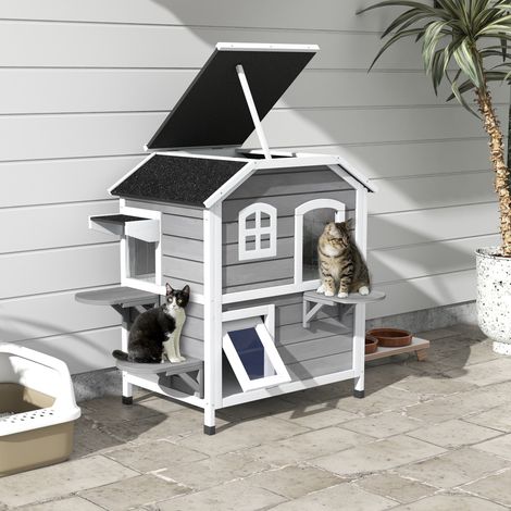 Niche pour chat en bois, 2 étages, résistante à l'hiver et à l'eau, avec toit en asphalte, couvercle à charnières, escalier, abri extérieur pour jardin ou balcon, 99,5 x 76 x 91 cm, grise