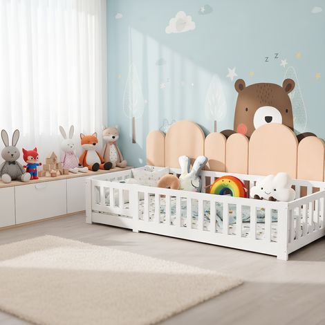 Kinderbett 90x200 cm, Modern Bodenbett mit Rausfallschutz und Tür, Montessori Bett aus Massivem Kiefernholz, Geeignet für Kinder von 3–10 Jahren, Holz Weiß (ohne Matratze)