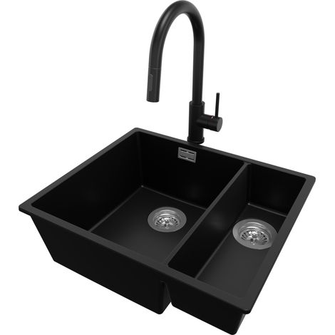 PRIMAGRAN Evier Cuisine en Granit 56x47cm, Lavabo 1,5 bacs + Robinet 40x20cm + Kit de Vidage, Évier à Encastrer au meuble 60cm - London Slim Duo, Noir (1/5)