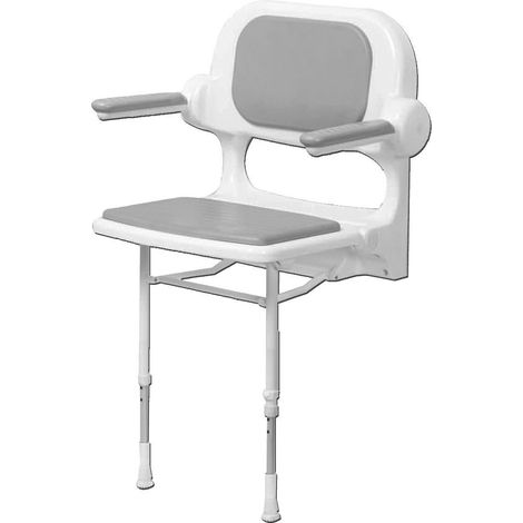 AKW – Siège de douche relevable avec accoudoirs et dossier en mousse – Réglable de 467 à 592 mm – Charge max 158 kg – Acier inoxydable
