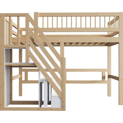 Lit mezzanine bois massif avec armoire intégrée, lit enfant avec escalier sécurisé, lit 90x200 bois naturel pour optimiser l'espace. (1/5)