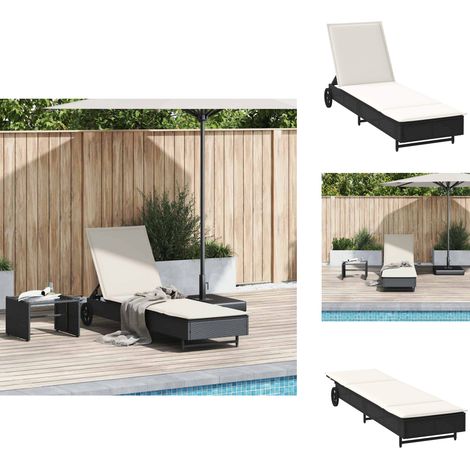 Chaise longue avec roues et coussin noir résine tressée - Chaise Longue - Chaises Longues - Lit De Bronzage - Chaise Longue De Jardin (1/5)