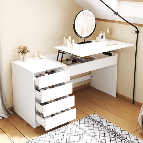 Bureau Réglable en Hauteur 120x50 cm, Coiffeuse Blanche et Bureau Informatique avec 4 Tiroirs et Rangement Caché, 78-92 cm (1/5)