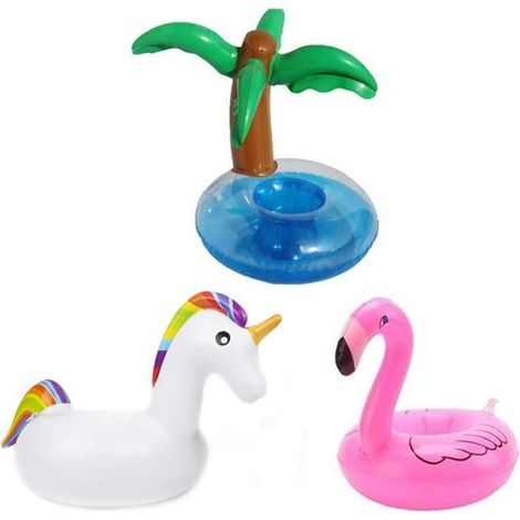Porte-gobelets gonflables, licorne, flamant rose, palmier, île, fruits, 3 pièces (1/5)