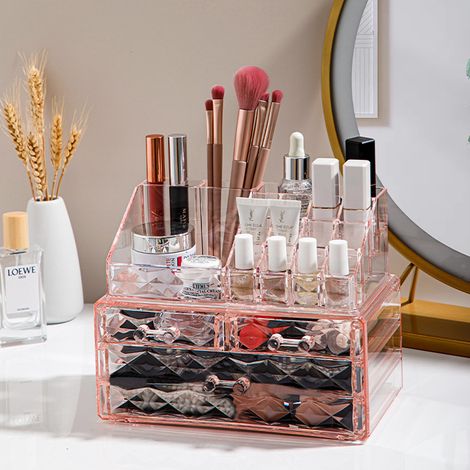 Pink Plastic Tiered Makeup Organizer with Drawers (1/5)