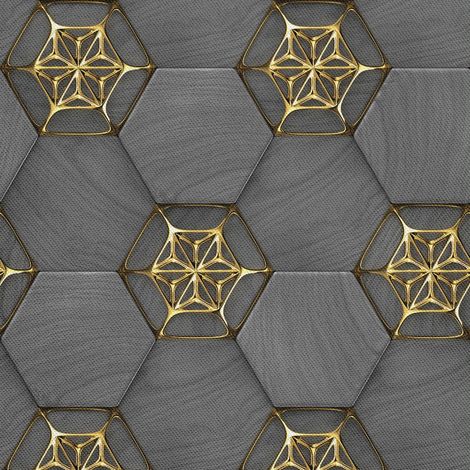 Tela Oxford decorativa para exteriores - Motivo: Hexágonos grises y adornos dorados (1/5)