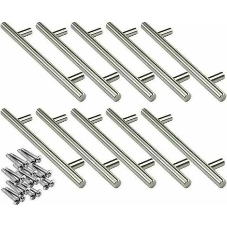 Lot de 10 poignées en T en acier inoxydable de 160 mm pour portes d'armoires de cuisine, diamètre 12 mm, avec vis.
