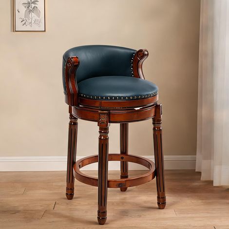 Tabouret de bar en cuir véritable et bois pivotant 360° bleu (1/5)