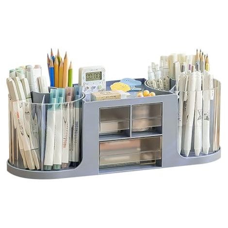 [NEVER USED] Pen holder, double rotating desk organizer, 14 compartments, large capacity, double-walled transparent drawer, provides space for pens and various stationery (blue)