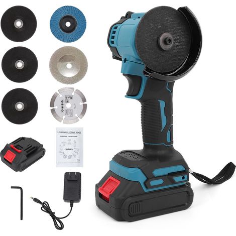 Meuleuse D'angle Sans Fil,Meuleuse D'angle 21V 10000 RMP,Disqueuse Sans Fil Sans Balais avec 2 Batteries Rechargeables,7 Disques,Anti-poussière,Petite Disqueuse pour Brique,Bois et Acier (1/5)