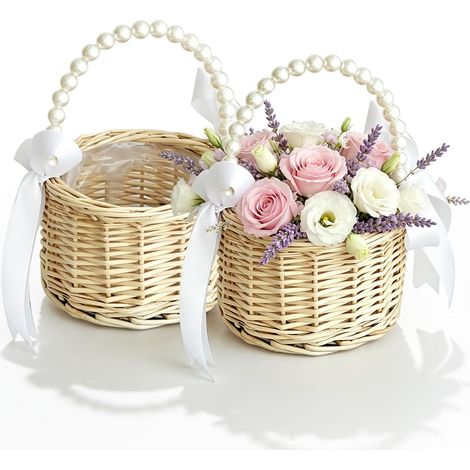 Petites Corbeilles Osier Avec Anse: Lot De 2 Paniers En Rotin Avec Anses, Panier Osier Mariage, Panier De Dispersion De Mariage Avec Anse En Perle Nœud En Ruban Pour Mariage Et Fête (1/5)