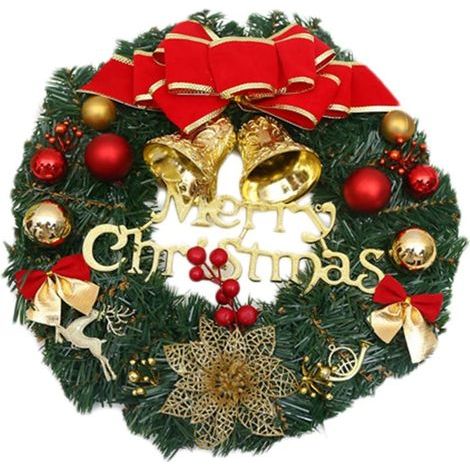 Weihnachtskrone 30 cm, Türgirlande mit Weihnachtskugel, Weihnachtsblume, Schleife, Beeren für Haustür, Kamin und Wanddekoration Innen/Außen - Rot Grün