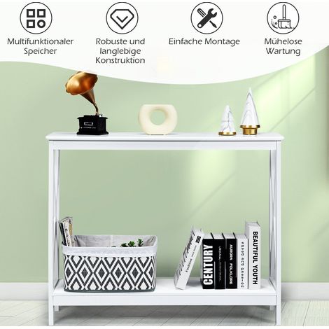 X-shaped narrow console table with 2 levels 100 x 30 x 80 cm white (1/5)