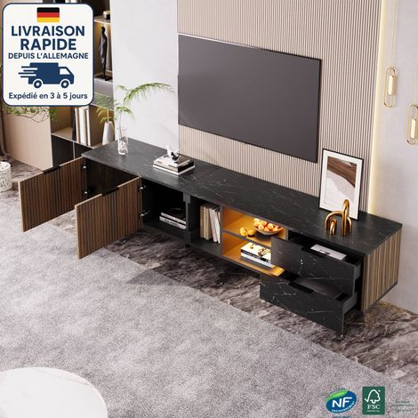 Meuble TV LED 200 x 38 x 50 cm avec 2 tiroirs et 2 portes, compatible avec téléviseur 50 pouces, finition dorée, sans poignées, idéal pour le salon, MDF, noir (1/5)