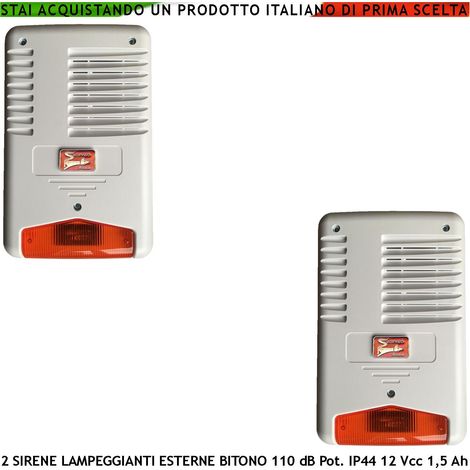 Sirena Con Lampeggiante a Led da Esterno 12 Vcc 2 Pezzi Frequenza A/B 1724/2475 Hz Melodia Bitonale 110 dB Comando Allarme Caduta +/- Segnale Stato Impianto Antifurto Vano Batteria 12 V 2 Ah Esclusa (1/3)