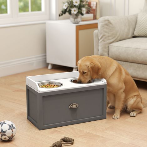 Gamelle double chien chat - porte-gamelles surélevé rangement 2 en 1 - tiroir. 2 gamelles - acier inox. MDF blanc gris