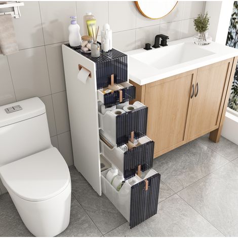 MODFU – Mobile contenitore stretto 42,5x27,5x99 cm in PP con 4 cassetti, 2 coperchi, ruote anteriori e piedini antiscivolo – Bianco (1/5)
