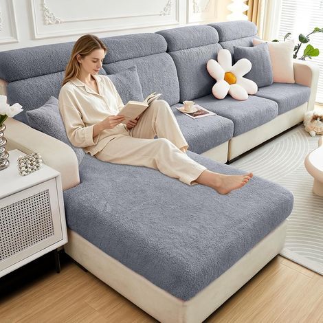 Housses de Coussin de Siège de Canapé, Housse de Coussin de Canapé en Polaire Sherpa Extensible, Housse de Protection pour Meubles Antipoussière avec Fond élastique (2 Places,Gris foncé) (1/5)